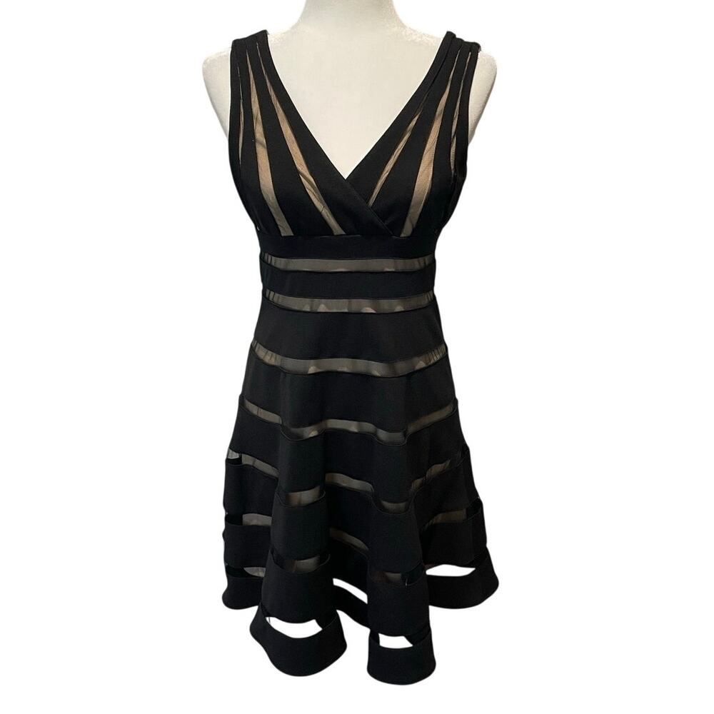 Scarlett Mini Fit & Flare Dress Mesh Striped Black Nude V-Neck Coquette Neutral